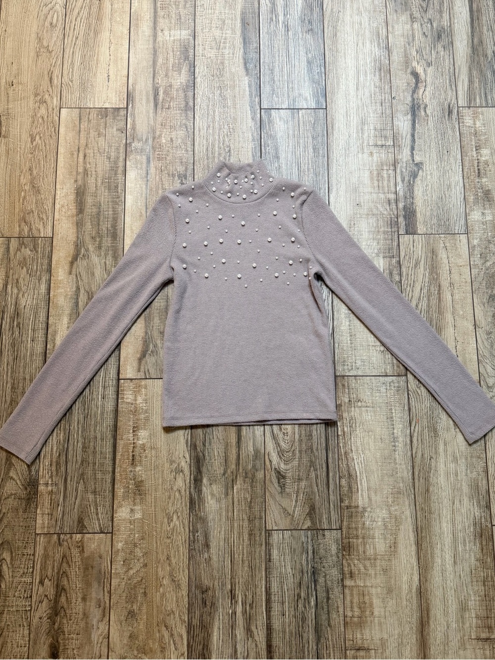 Zara Pearl-Embellished Mauve Mock Neck Long Sleeve Top